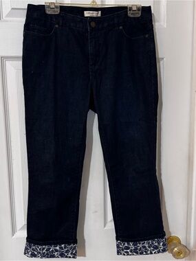 Coldwater Creek Women's Dark Navy Cropped Jeans with Patterned Cuff